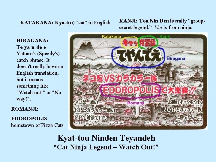 KATAKANA: Kya-t(u) “cat” in English KANJI: Tou Nin Den literally “groupsecret-legend. ” Nin is
