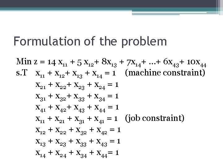 Formulation of the problem Min z = 14 x 11 + 5 x 12+