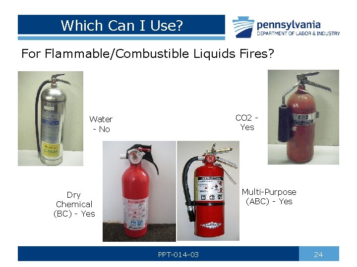 Which Can I Use? For Flammable/Combustible Liquids Fires? CO 2 Yes Water - No