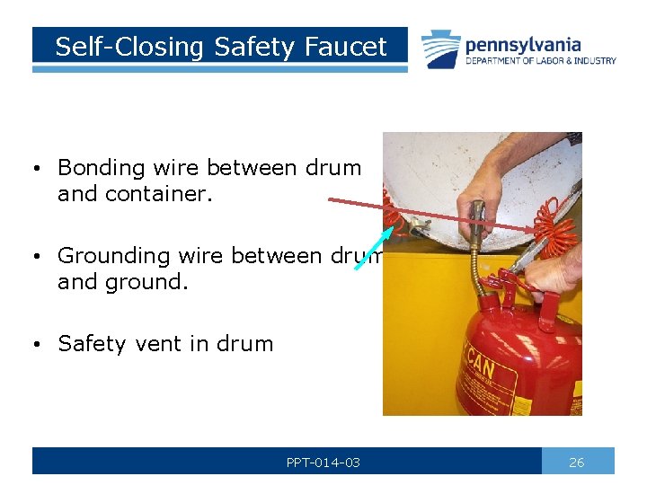 Self-Closing Safety Faucet • Bonding wire between drum and container. • Grounding wire between