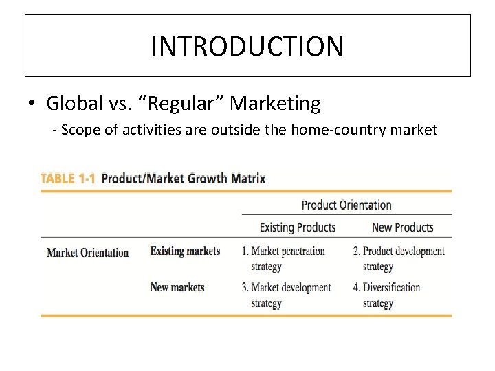 INTRODUCTION • Global vs. “Regular” Marketing - Scope of activities are outside the home-country