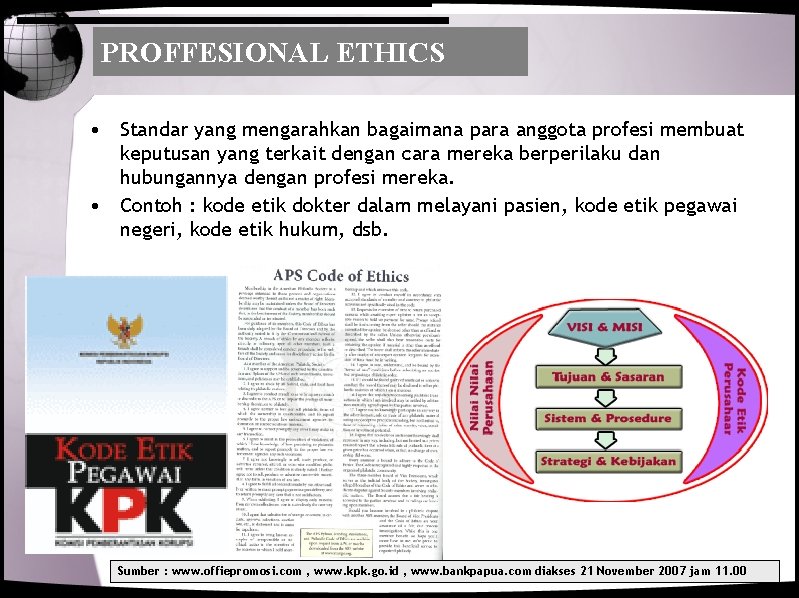 PROFFESIONAL ETHICS • Standar yang mengarahkan bagaimana para anggota profesi membuat keputusan yang terkait