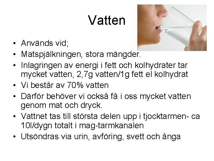 Vatten • Används vid; • Matspjälkningen, stora mängder. • Inlagringen av energi i fett