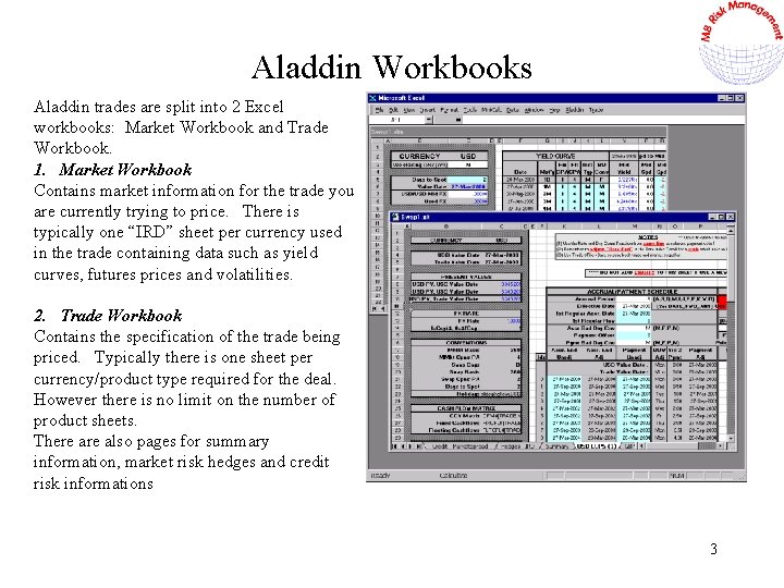 Aladdin Workbooks Aladdin trades are split into 2 Excel workbooks: Market Workbook and Trade