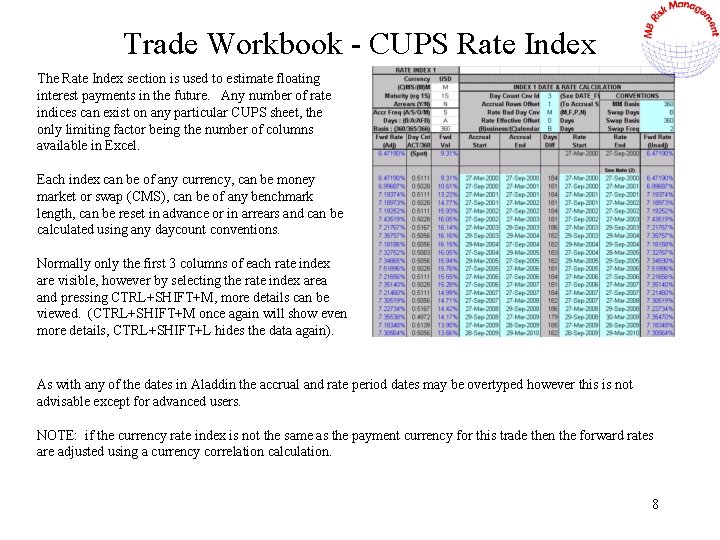 Trade Workbook - CUPS Rate Index The Rate Index section is used to estimate