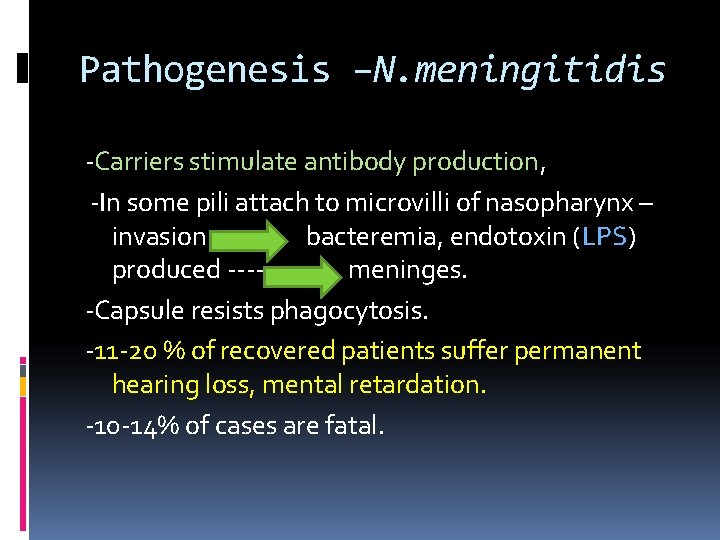 Pathogenesis –N. meningitidis -Carriers stimulate antibody production, -In some pili attach to microvilli of