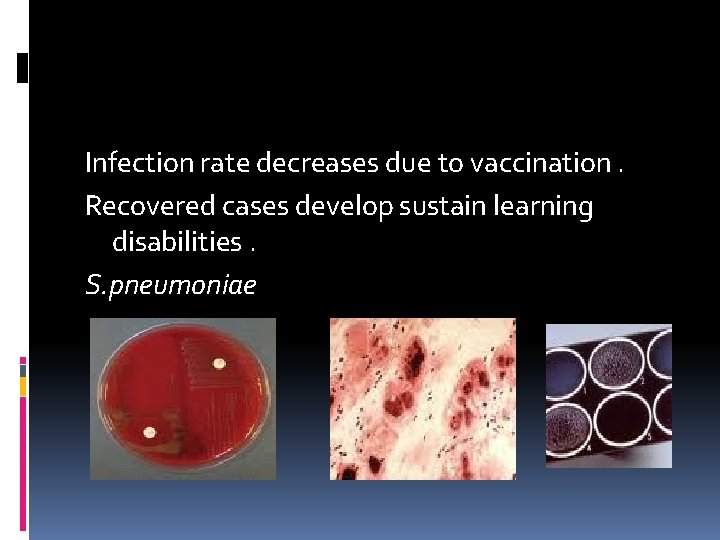 Infection rate decreases due to vaccination. Recovered cases develop sustain learning disabilities. S. pneumoniae