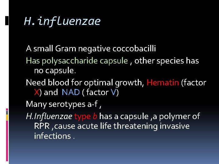 H. influenzae A small Gram negative coccobacilli Has polysaccharide capsule , other species has