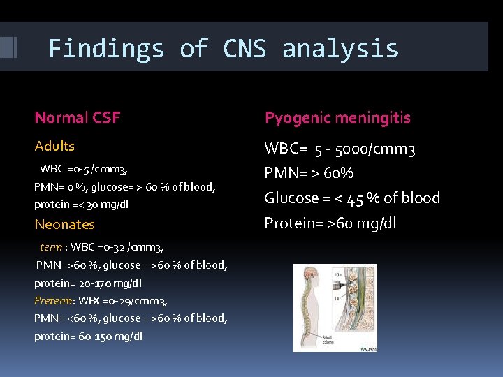 Findings of CNS analysis Normal CSF Pyogenic meningitis Adults WBC= 5 - 5000/cmm 3