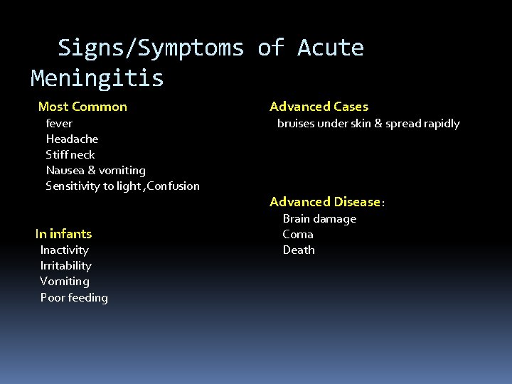 Signs/Symptoms of Acute Meningitis Most Common fever Headache Stiff neck Nausea & vomiting Sensitivity