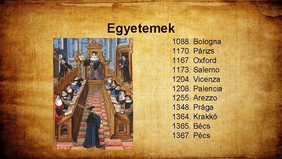 Egyetemek 1088. Bologna 1170. Párizs 1167. Oxford 1173. Salerno 1204. Vicenza 1208. Palencia 1255.