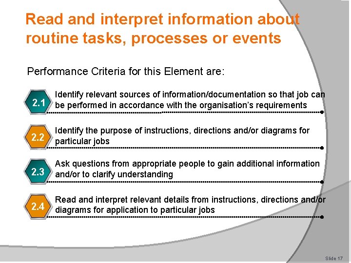 Read and interpret information about routine tasks, processes or events Performance Criteria for this