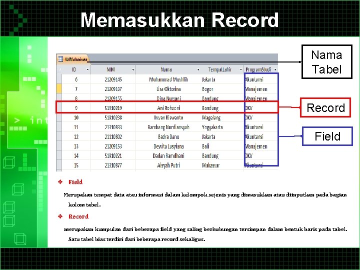 Memasukkan Record Nama Tabel Record Field v Field Merupakan tempat data atau informasi dalam
