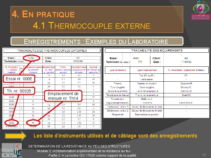 4. EN PRATIQUE 4. 1 THERMOCOUPLE EXTERNE ISO 17025 ENREGISTREMENTS : EXEMPLES DU LABORATOIRE