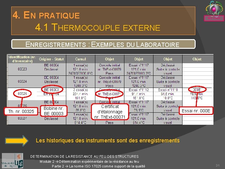 4. EN PRATIQUE 4. 1 THERMOCOUPLE EXTERNE ISO 17025 ENREGISTREMENTS : EXEMPLES DU LABORATOIRE