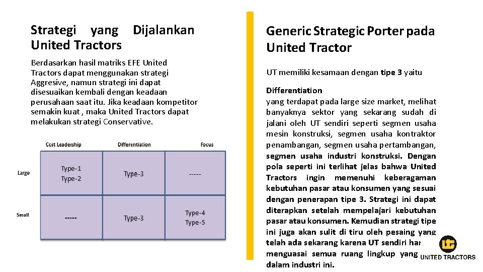 Strategi yang Dijalankan United Tractors Berdasarkan hasil matriks EFE United Tractors dapat menggunakan strategi