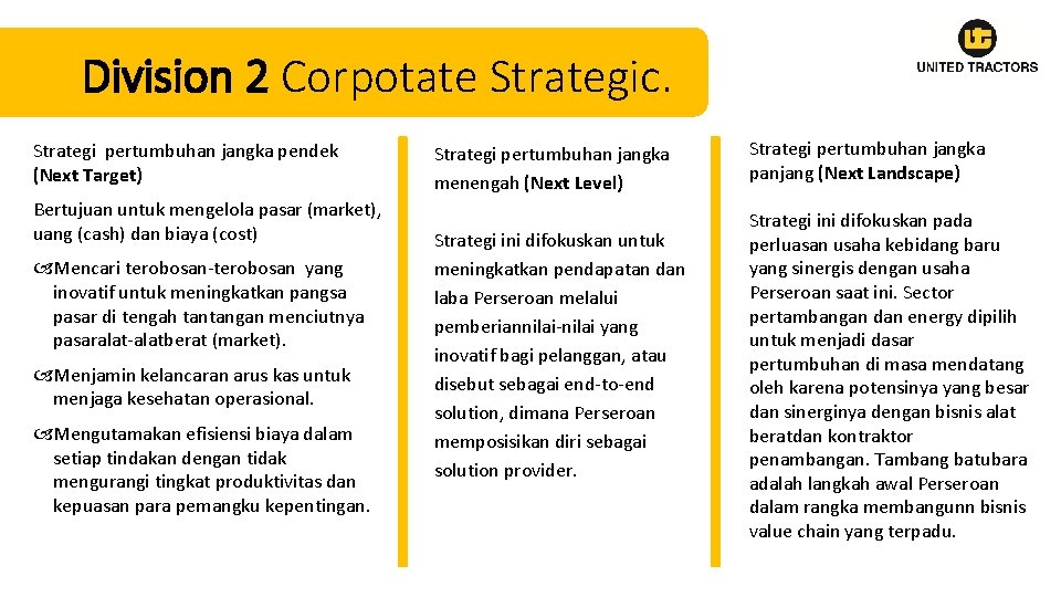 Division 2 Corpotate Strategic. Strategi pertumbuhan jangka pendek (Next Target) Bertujuan untuk mengelola pasar