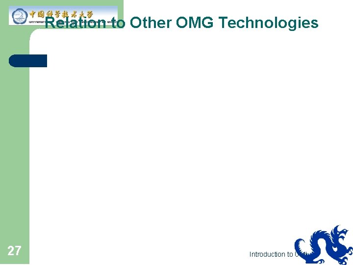 Relation to Other OMG Technologies 27 Introduction to UML 