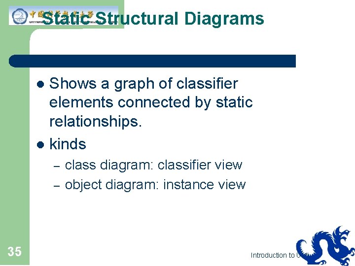 Static Structural Diagrams Shows a graph of classifier elements connected by static relationships. l