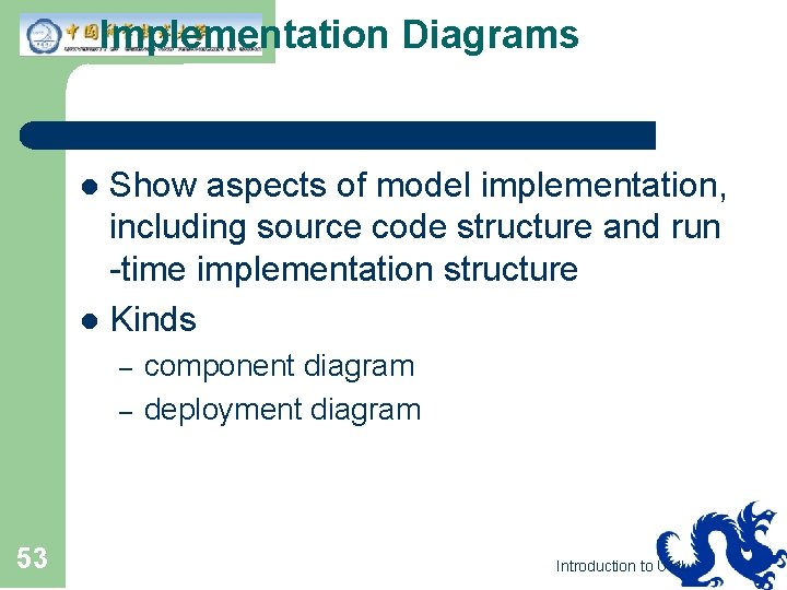 Implementation Diagrams Show aspects of model implementation, including source code structure and run -time