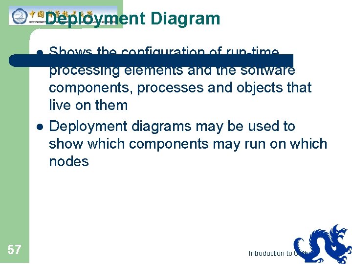 Deployment Diagram l l 57 Shows the configuration of run-time processing elements and the