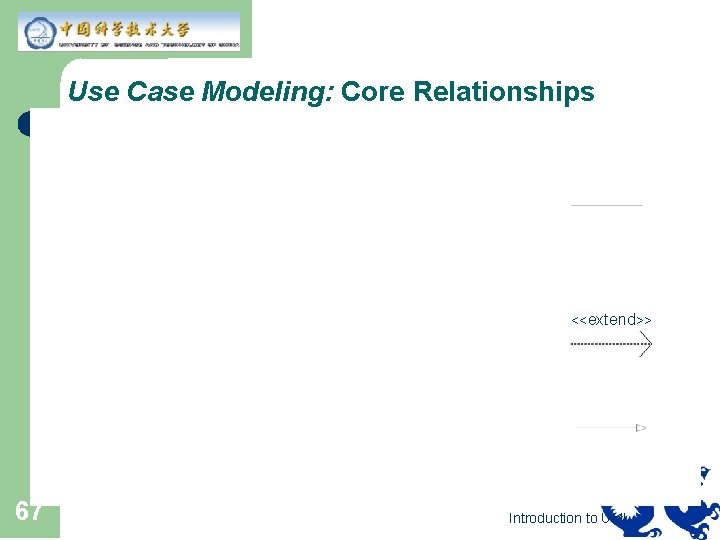 Use Case Modeling: Core Relationships <<extend>> 67 Introduction to UML 