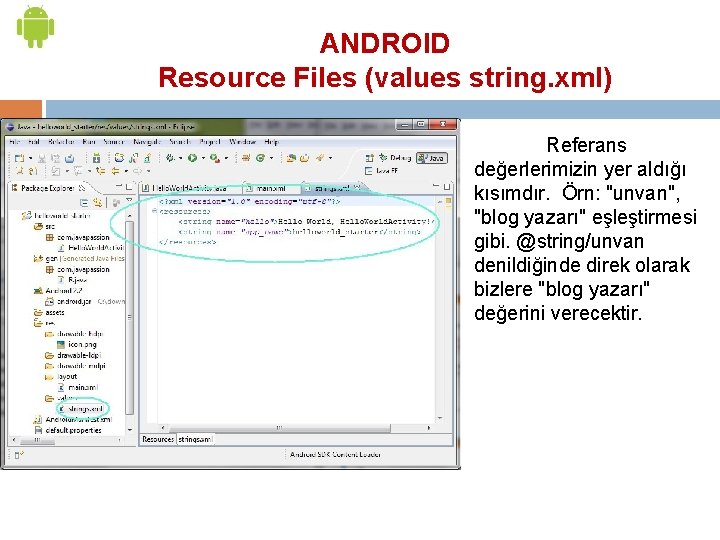 ANDROID Resource Files (values string. xml) Referans değerlerimizin yer aldığı kısımdır. Örn: "unvan", "blog