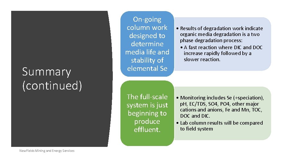Summary (continued) New. Fields Mining and Energy Services On-going column work designed to determine