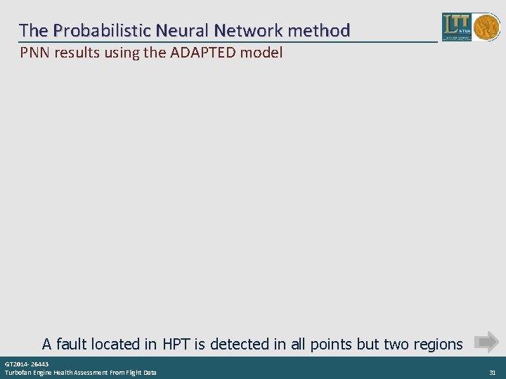 The Probabilistic Neural Network method PNN results using the ADAPTED model A fault located