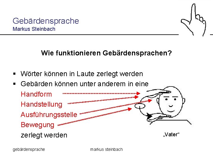 Gebärdensprache Markus Steinbach Wie funktionieren Gebärdensprachen? § Wörter können in Laute zerlegt werden §