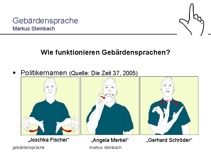 Gebärdensprache Markus Steinbach Wie funktionieren Gebärdensprachen? § Politikernamen (Quelle: Die Zeit 37, 2005) „Joschka