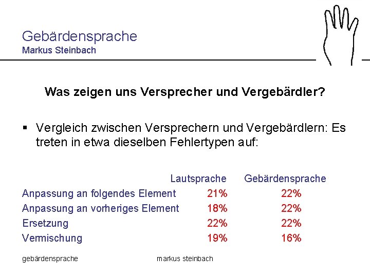 Gebärdensprache Markus Steinbach Was zeigen uns Versprecher und Vergebärdler? § Vergleich zwischen Versprechern und