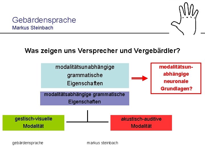 Gebärdensprache Markus Steinbach Was zeigen uns Versprecher und Vergebärdler? modalitätsunabhängige grammatische Eigenschaften modalitätsunabhängige neuronale