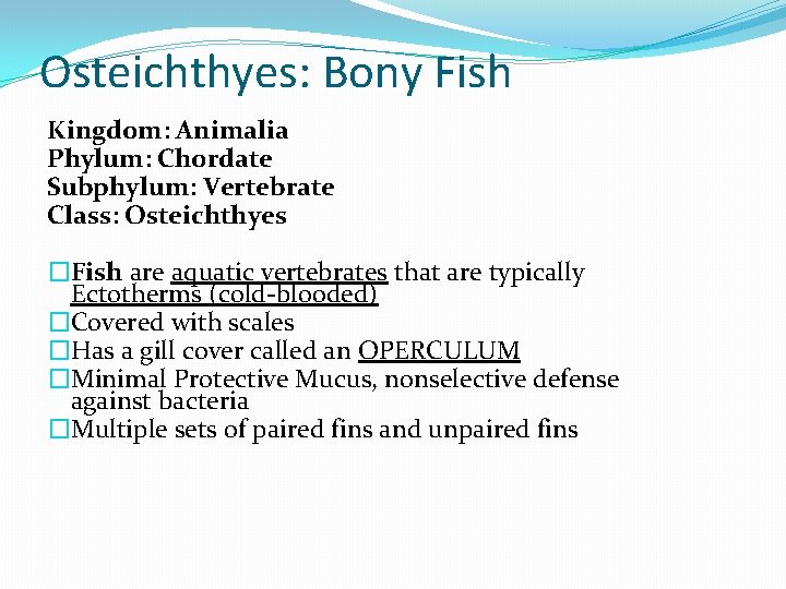 Osteichthyes: Bony Fish Kingdom: Animalia Phylum: Chordate Subphylum: Vertebrate Class: Osteichthyes �Fish are aquatic