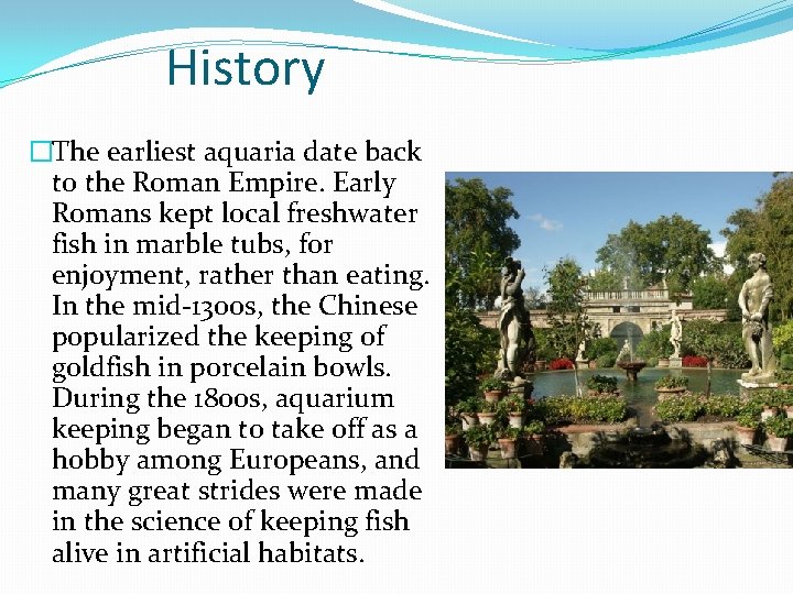 History �The earliest aquaria date back to the Roman Empire. Early Romans kept local