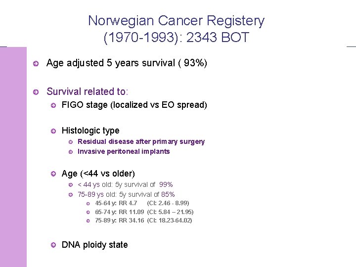 Norwegian Cancer Registery (1970 -1993): 2343 BOT Age adjusted 5 years survival ( 93%)