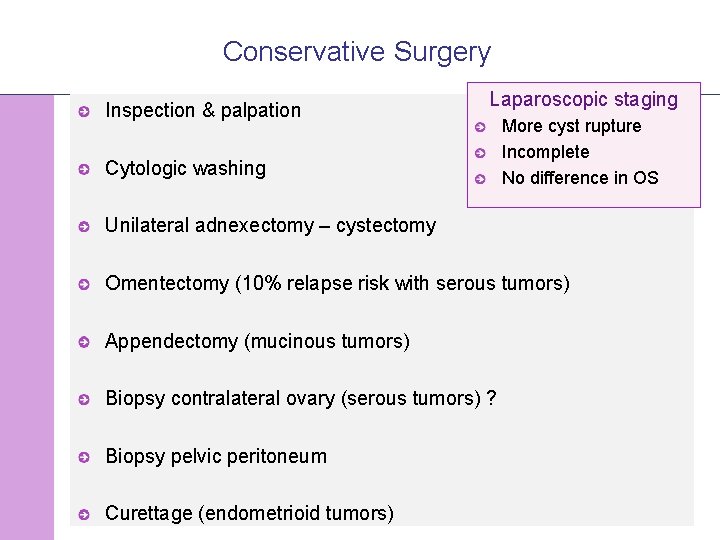 Conservative Surgery Inspection & palpation Laparoscopic staging Cytologic washing More cyst rupture Incomplete No