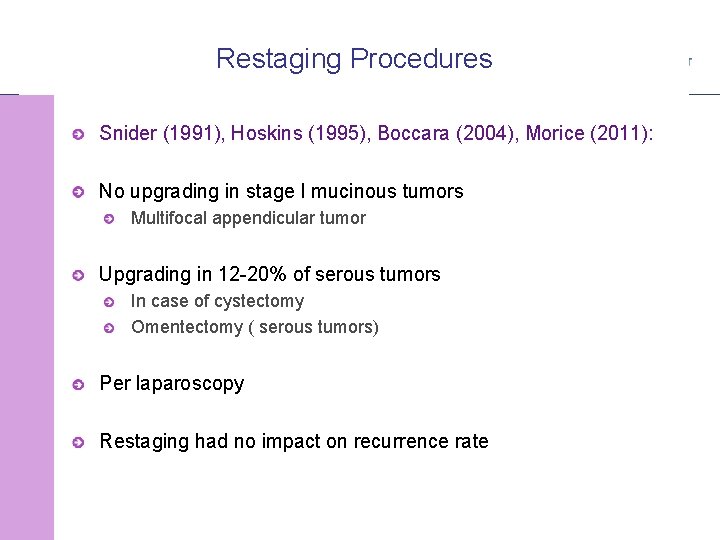 Restaging Procedures Snider (1991), Hoskins (1995), Boccara (2004), Morice (2011): No upgrading in stage