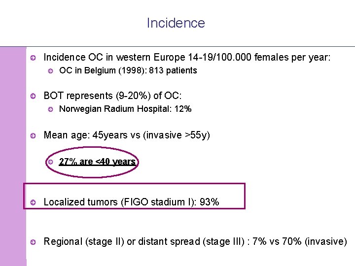 Incidence OC in western Europe 14 -19/100. 000 females per year: OC in Belgium