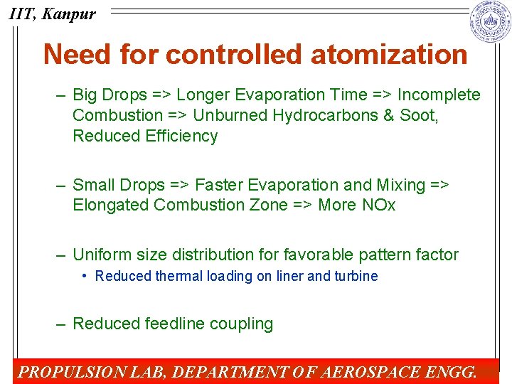 IIT, Kanpur Need for controlled atomization – Big Drops => Longer Evaporation Time =>