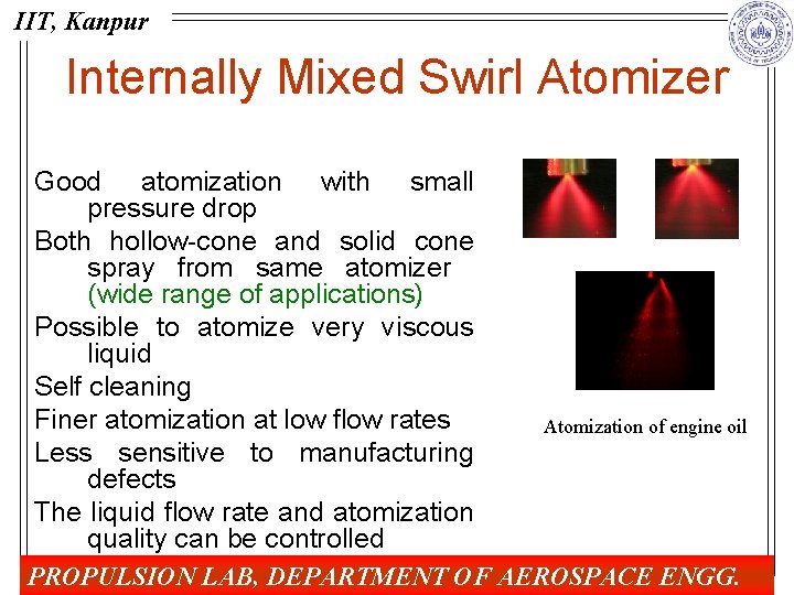 IIT, Kanpur Internally Mixed Swirl Atomizer Good atomization with small pressure drop Both hollow-cone