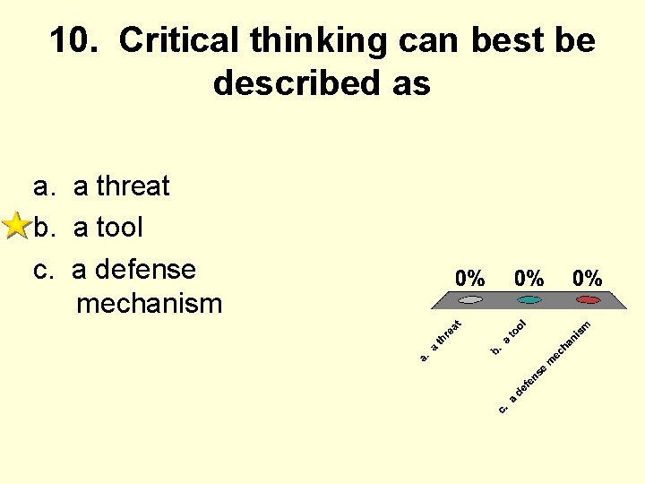 10. Critical thinking can best be described as a. a threat b. a tool