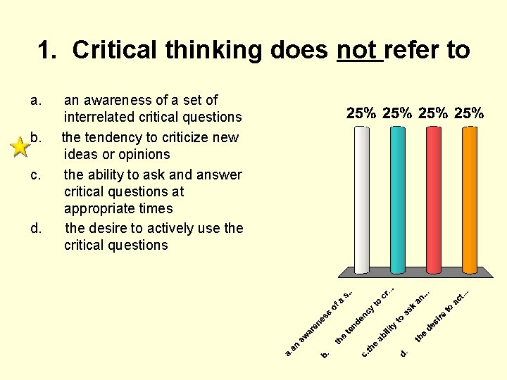 1. Critical thinking does not refer to a. b. c. d. an awareness of