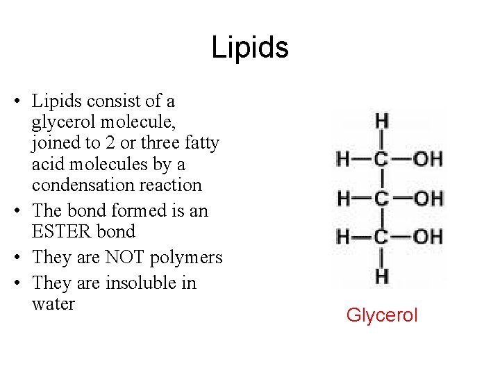 Lipids • Lipids consist of a glycerol molecule, joined to 2 or three fatty