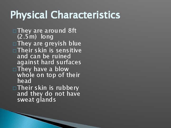 Physical Characteristics � They are around 8 ft (2. 5 m) long � They