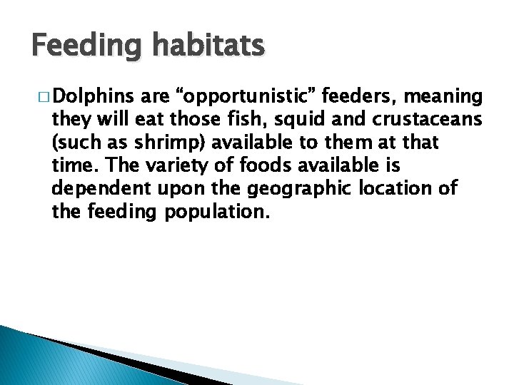 Feeding habitats � Dolphins are “opportunistic” feeders, meaning they will eat those fish, squid