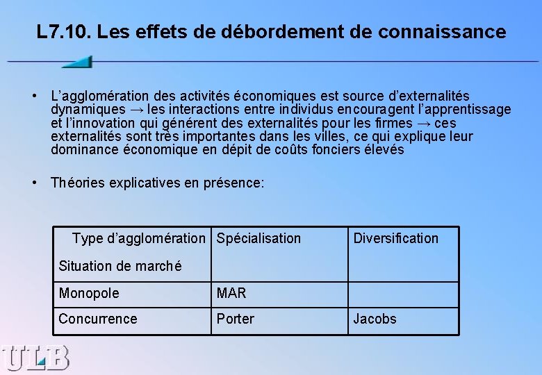 L 7. 10. Les effets de débordement de connaissance • L’agglomération des activités économiques