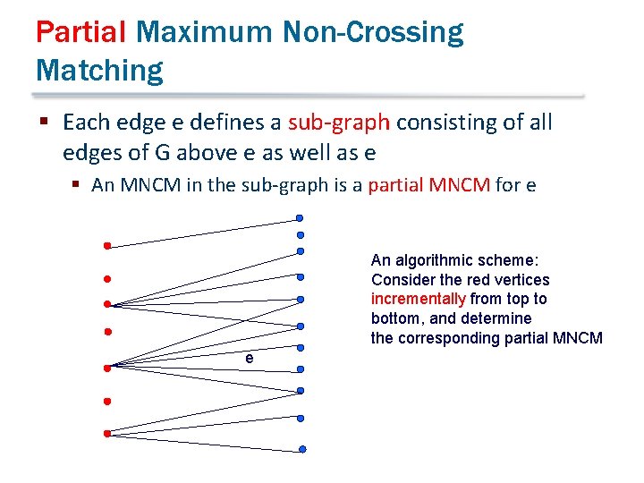 Partial Maximum Non-Crossing Matching § Each edge e defines a sub-graph consisting of all