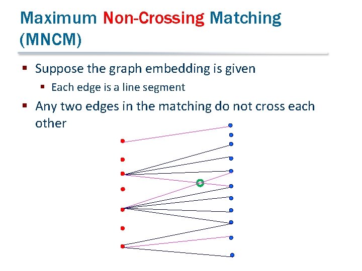 Maximum Non-Crossing Matching (MNCM) § Suppose the graph embedding is given § Each edge