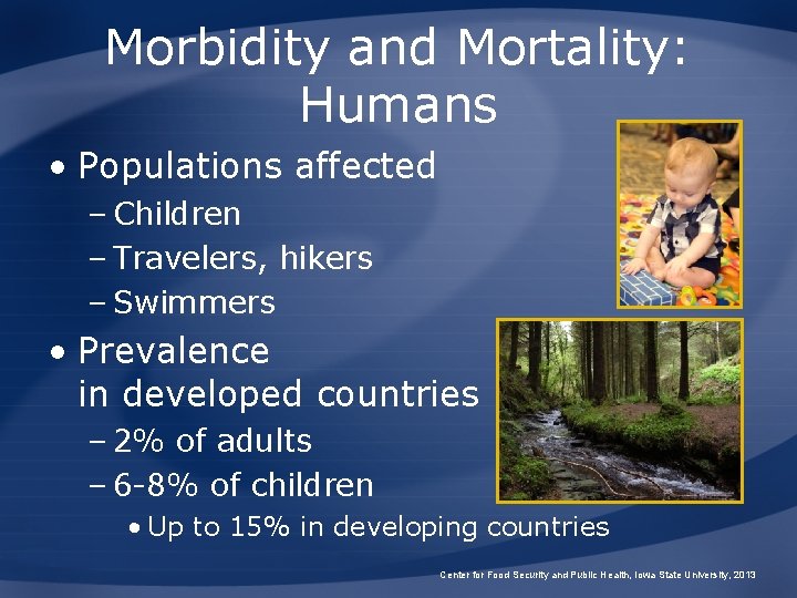 Morbidity and Mortality: Humans • Populations affected – Children – Travelers, hikers – Swimmers